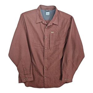 Columbia Long Sleeve Zipper Pocket Button Up Shirt Maroon Plaid Large